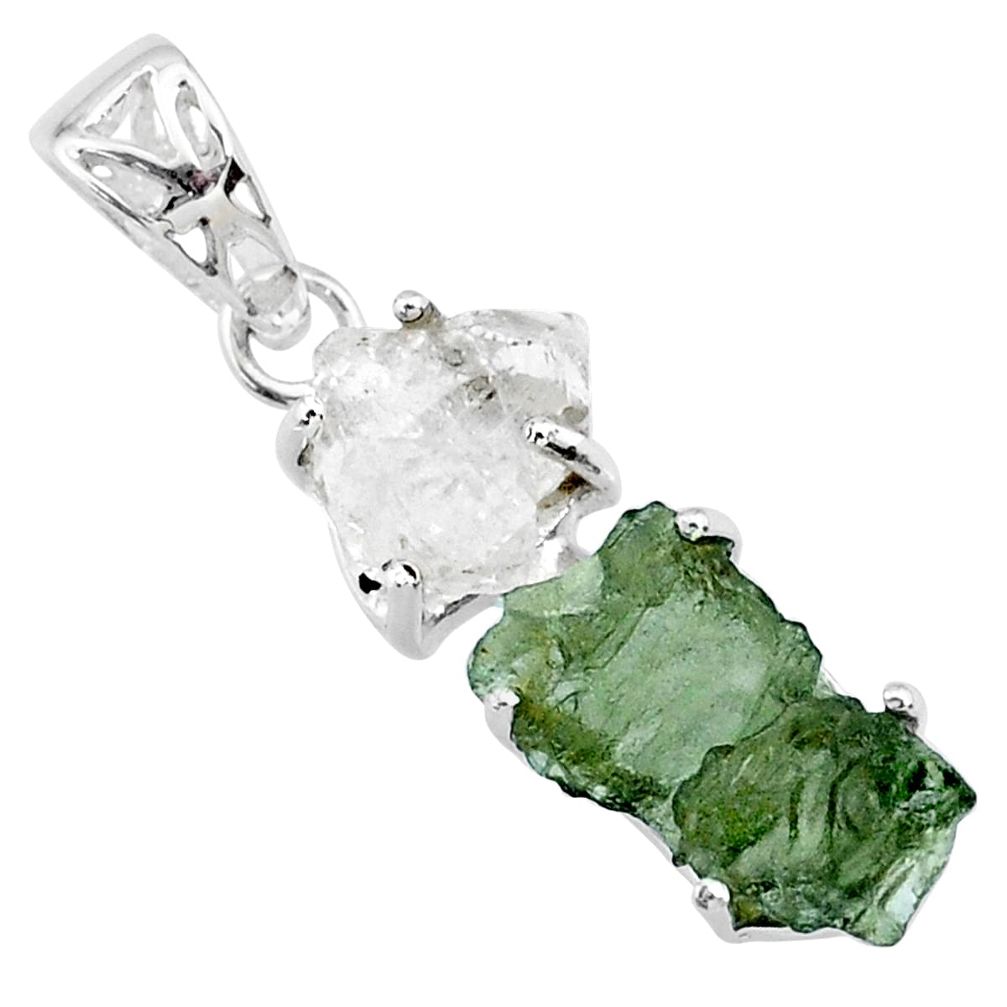 8.48cts natural green moldavite herkimer diamond 925 silver pendant r71933