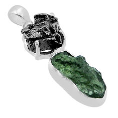10.62cts natural green moldavite meteorite gibeon 925 silver pendant n48641