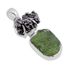 12.14cts natural green moldavite meteorite gibeon 925 silver pendant n49478