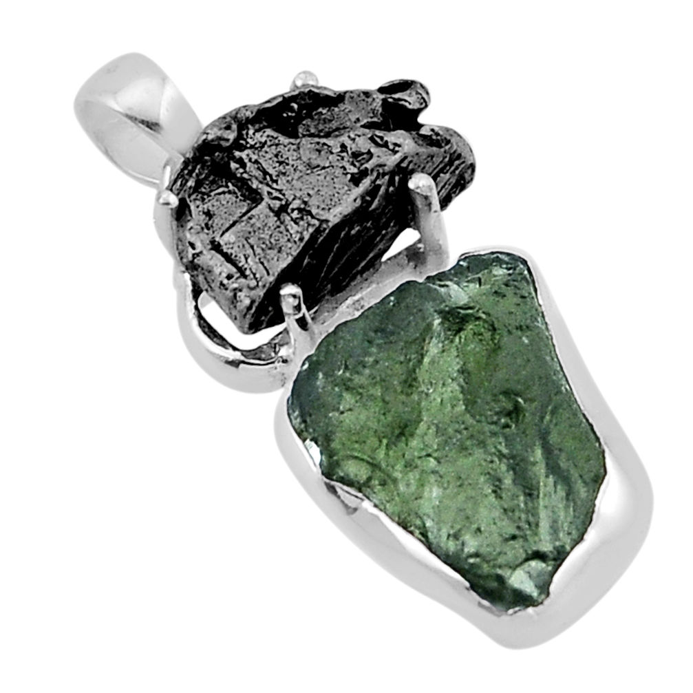 10.53cts natural green moldavite meteorite gibeon fancy silver pendant n48659
