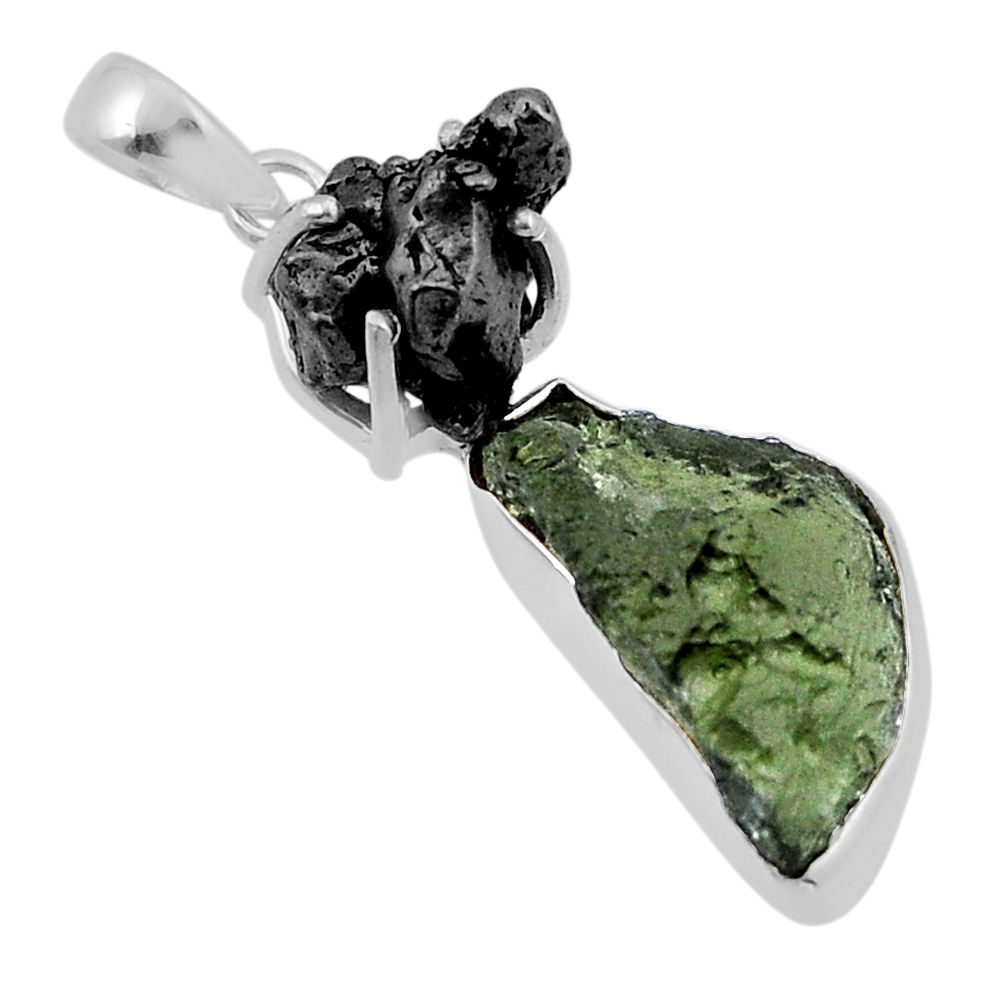 11.20cts natural green moldavite meteorite gibeon fancy silver pendant n49471