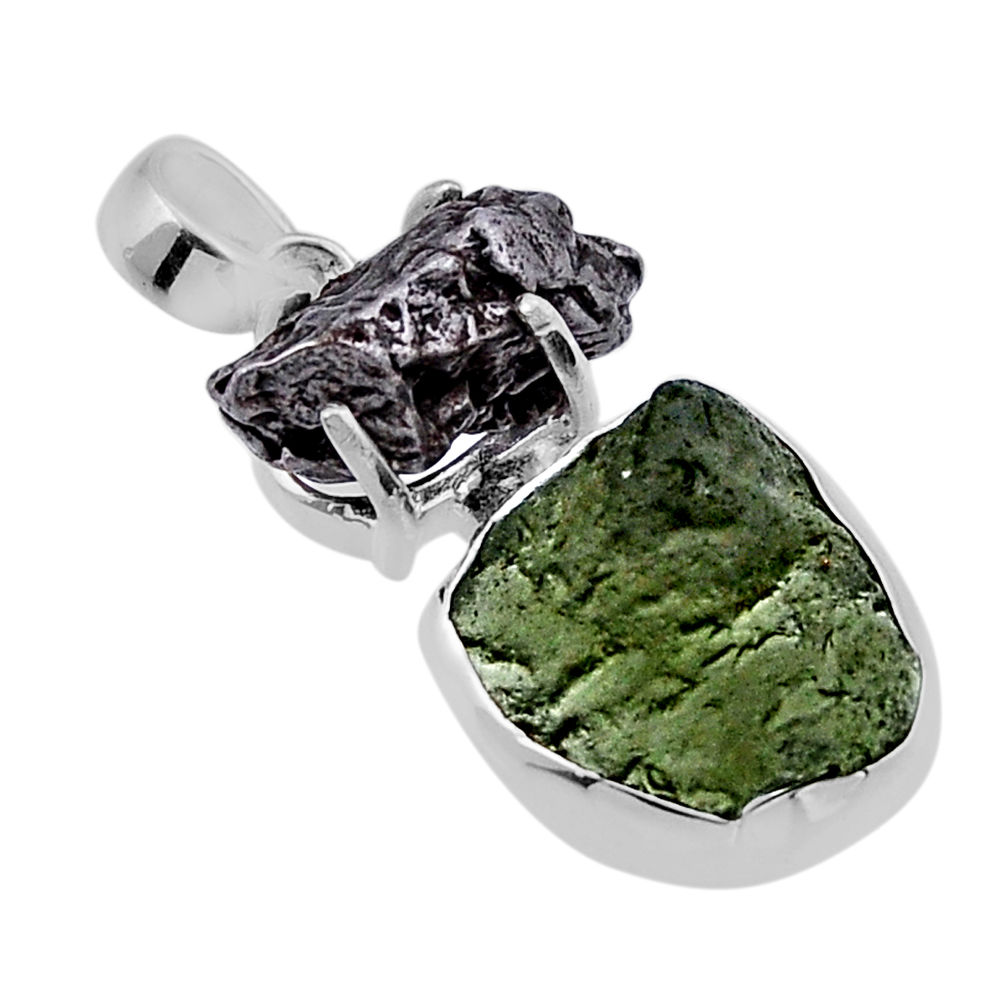 11.07cts natural green moldavite meteorite gibeon fancy silver pendant n49474