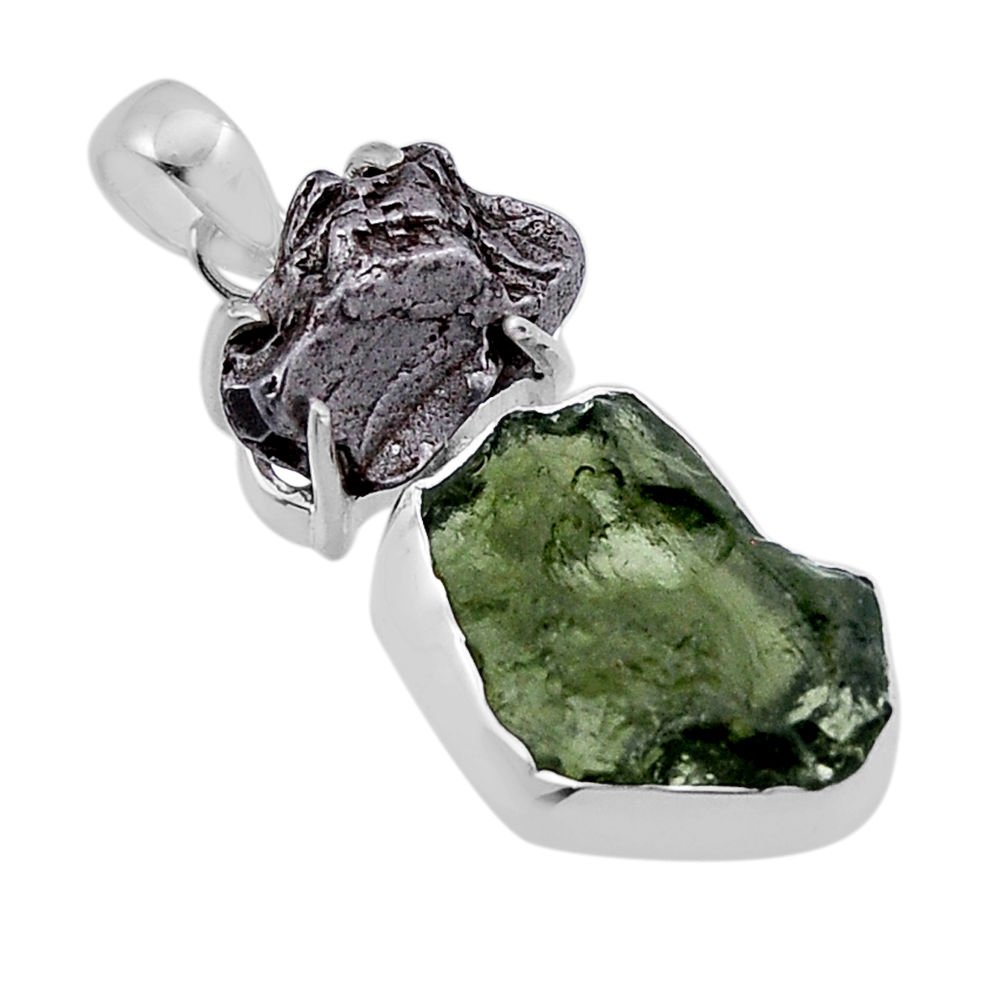 10.51cts natural green moldavite meteorite gibeon fancy silver pendant n49475