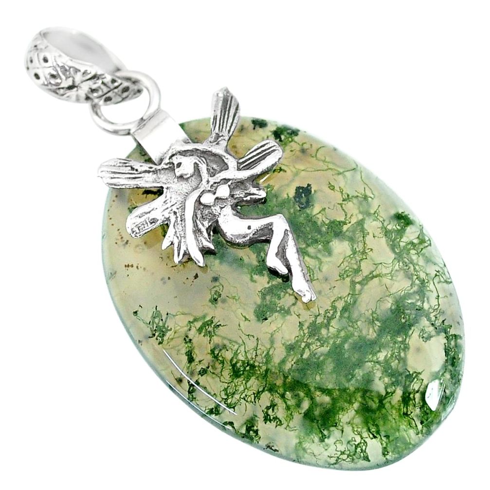 24.42cts natural green moss agate 925 silver angel wings fairy pendant r90921