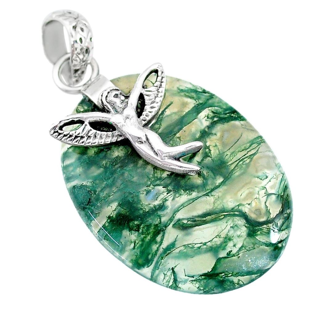 27.10cts natural green moss agate 925 silver angel wings fairy pendant r90939