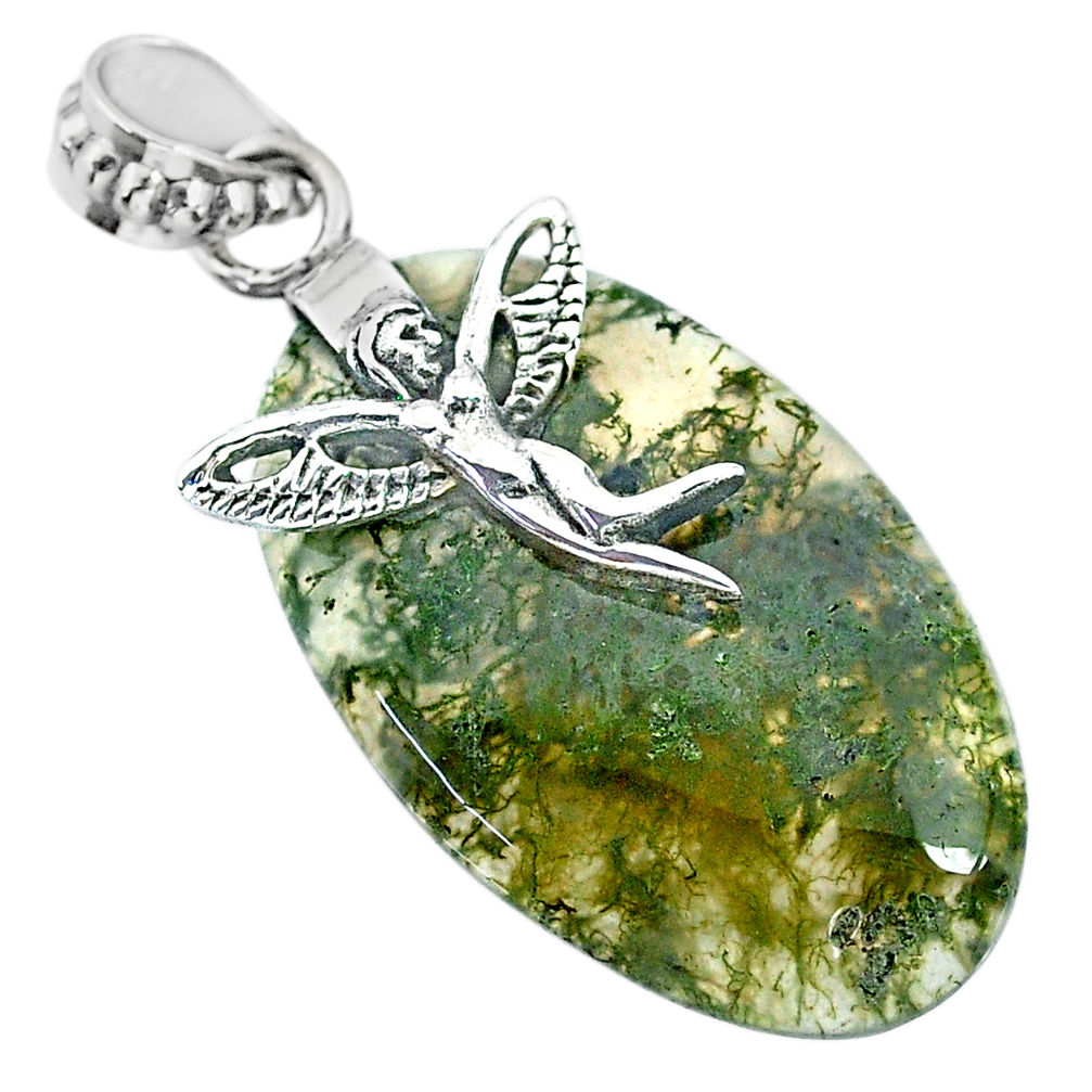 22.37cts natural green moss agate 925 silver angel wings fairy pendant r91311