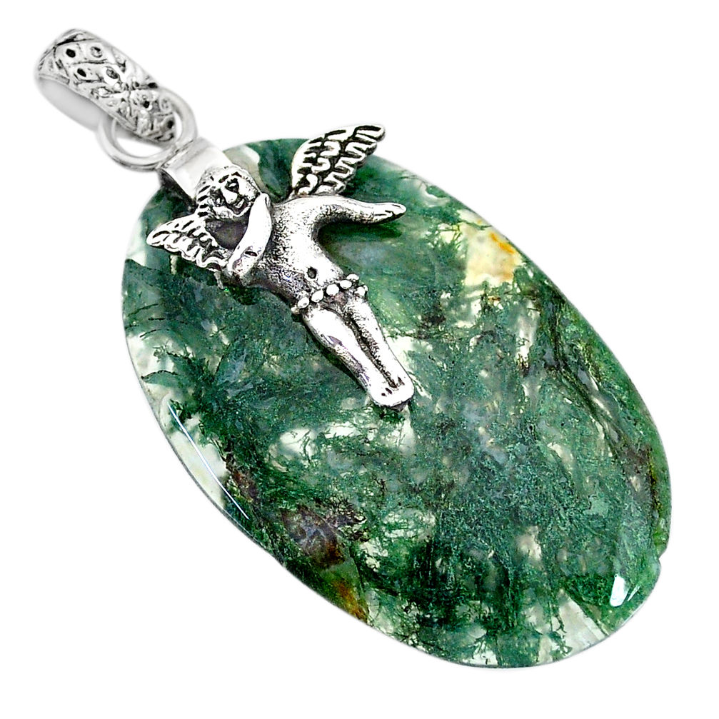 23.07cts natural green moss agate 925 silver angel wings fairy pendant r91320
