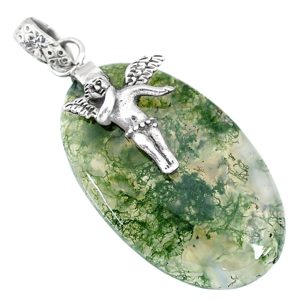 32.48cts natural green moss agate 925 silver cupid angel wings pendant r90929