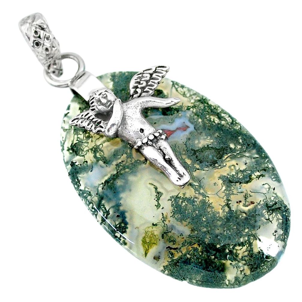 25.82cts natural green moss agate 925 silver cupid angel wings pendant r90931