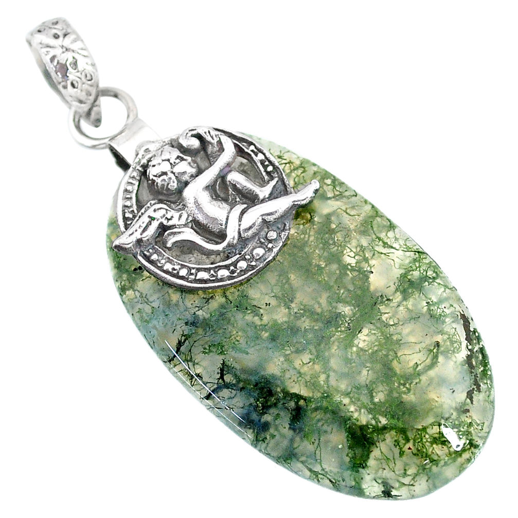 27.71cts natural green moss agate 925 silver cupid angel wings pendant r90932