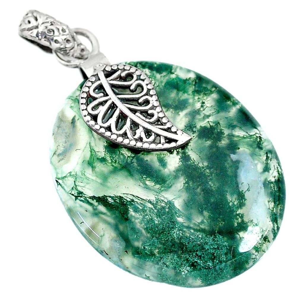 27.81cts natural green moss agate 925 silver deltoid leaf pendant r90935