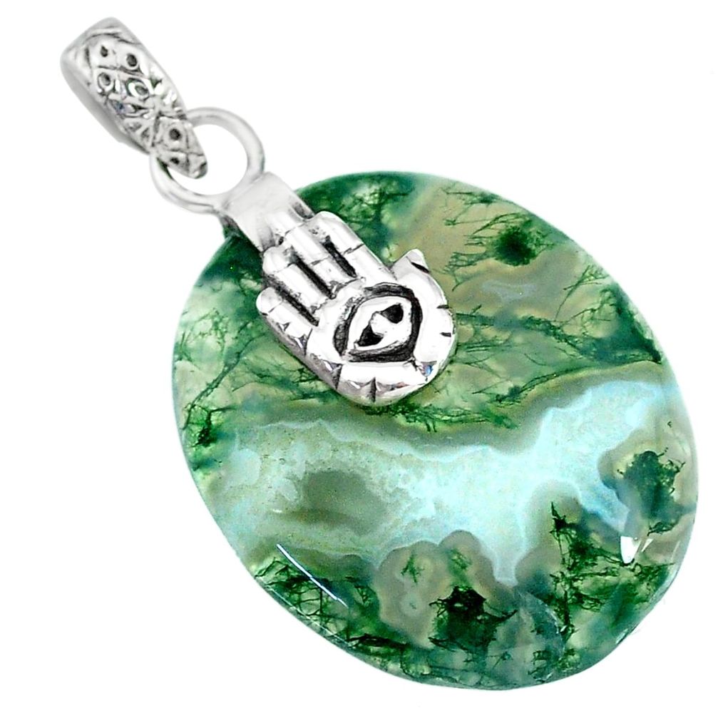 24.58cts natural green moss agate 925 silver hand of god hamsa pendant r90937