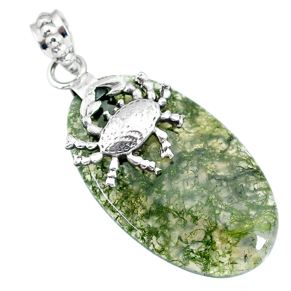 25.82cts natural green moss agate 925 sterling silver crab pendant r90922