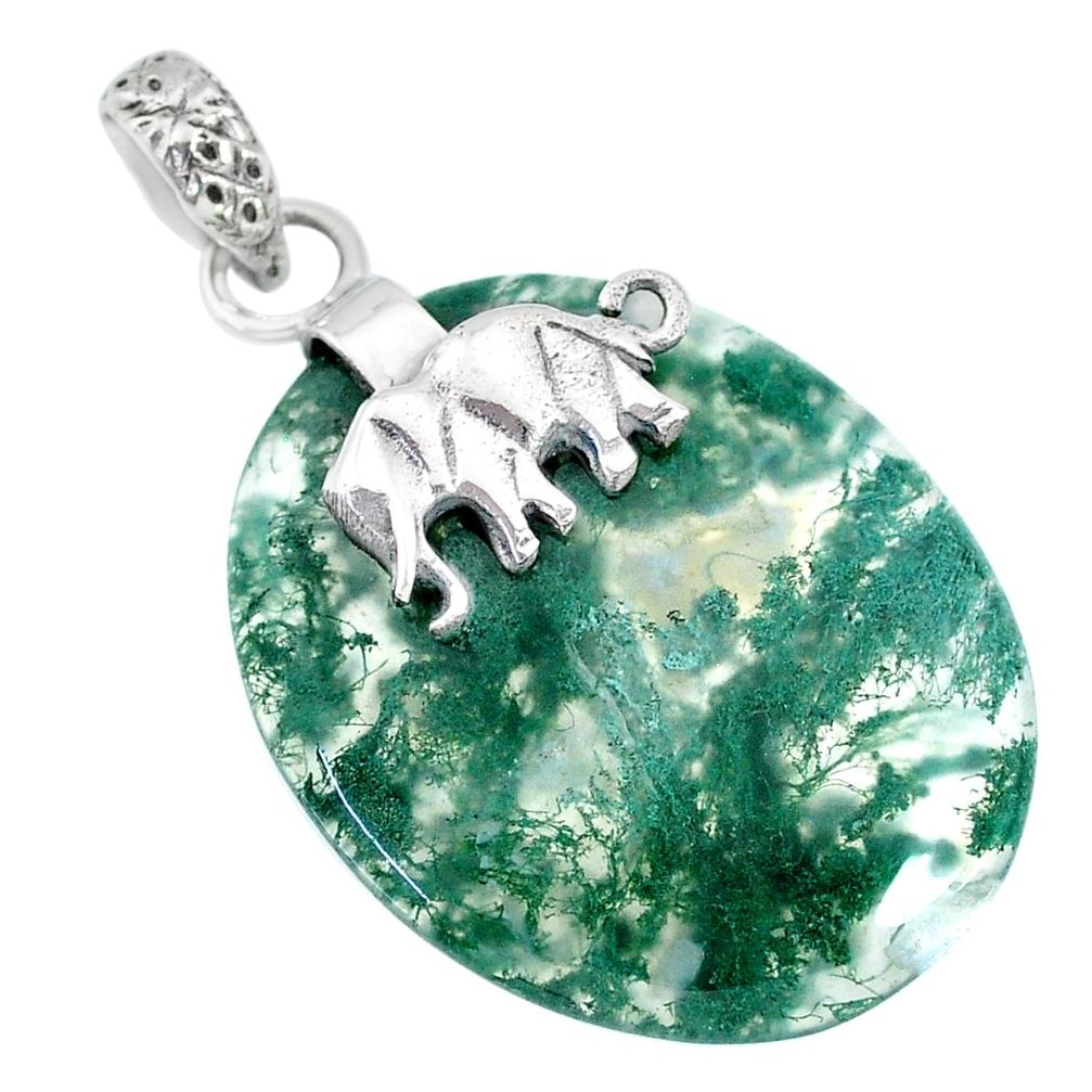 23.81cts natural green moss agate 925 sterling silver elephant pendant r90924