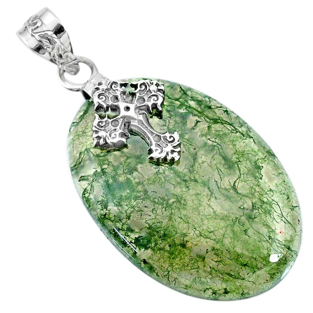 35.26cts natural green moss agate 925 sterling silver holy cross pendant r74492