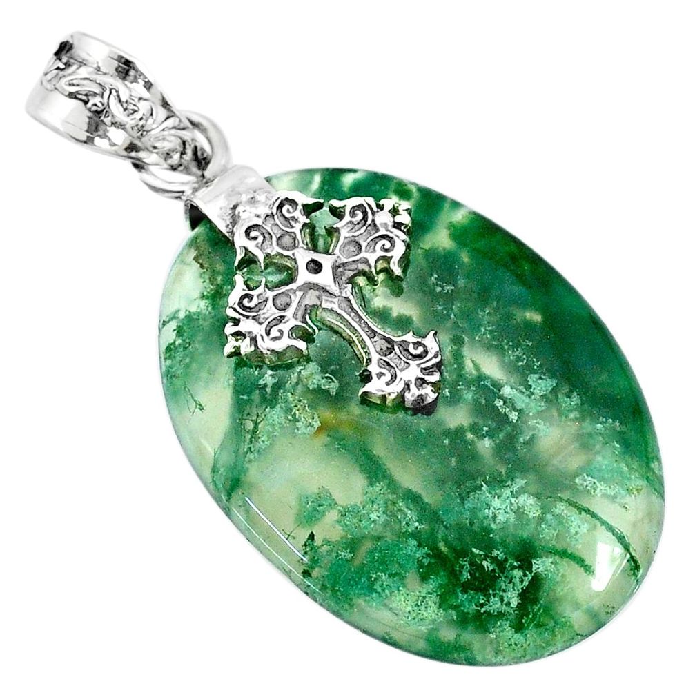 25.19cts natural green moss agate 925 sterling silver holy cross pendant r74499