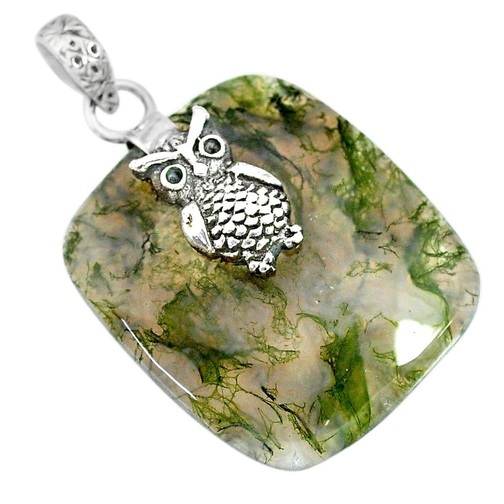 30.39cts natural green moss agate 925 sterling silver owl pendant jewelry r91306
