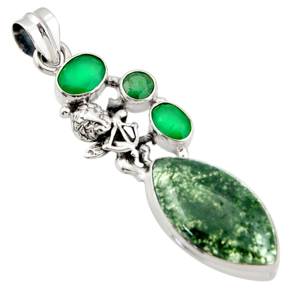 19.00cts natural green moss agate chalcedony 925 silver angel pendant d47251