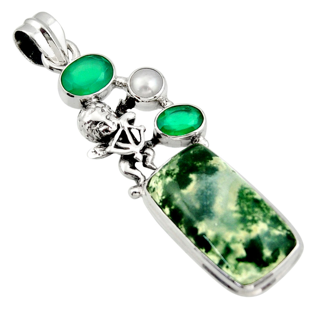 19.12cts natural green moss agate chalcedony 925 silver angel pendant d47255