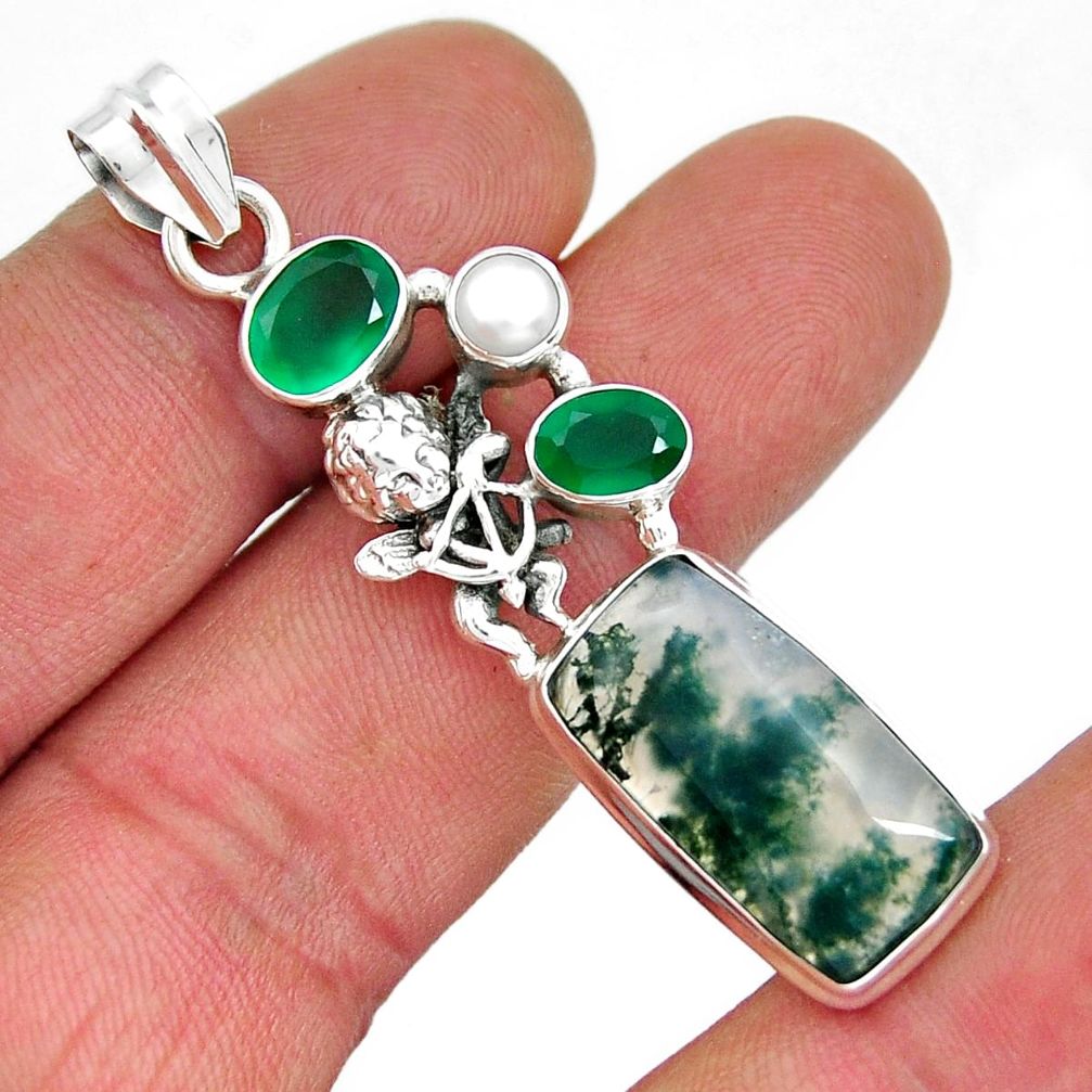 13.63cts natural green moss agate chalcedony pearl silver angel pendant y21327