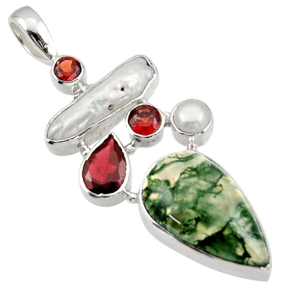 19.00cts natural green moss agate garnet pearl 925 silver pendant d47260