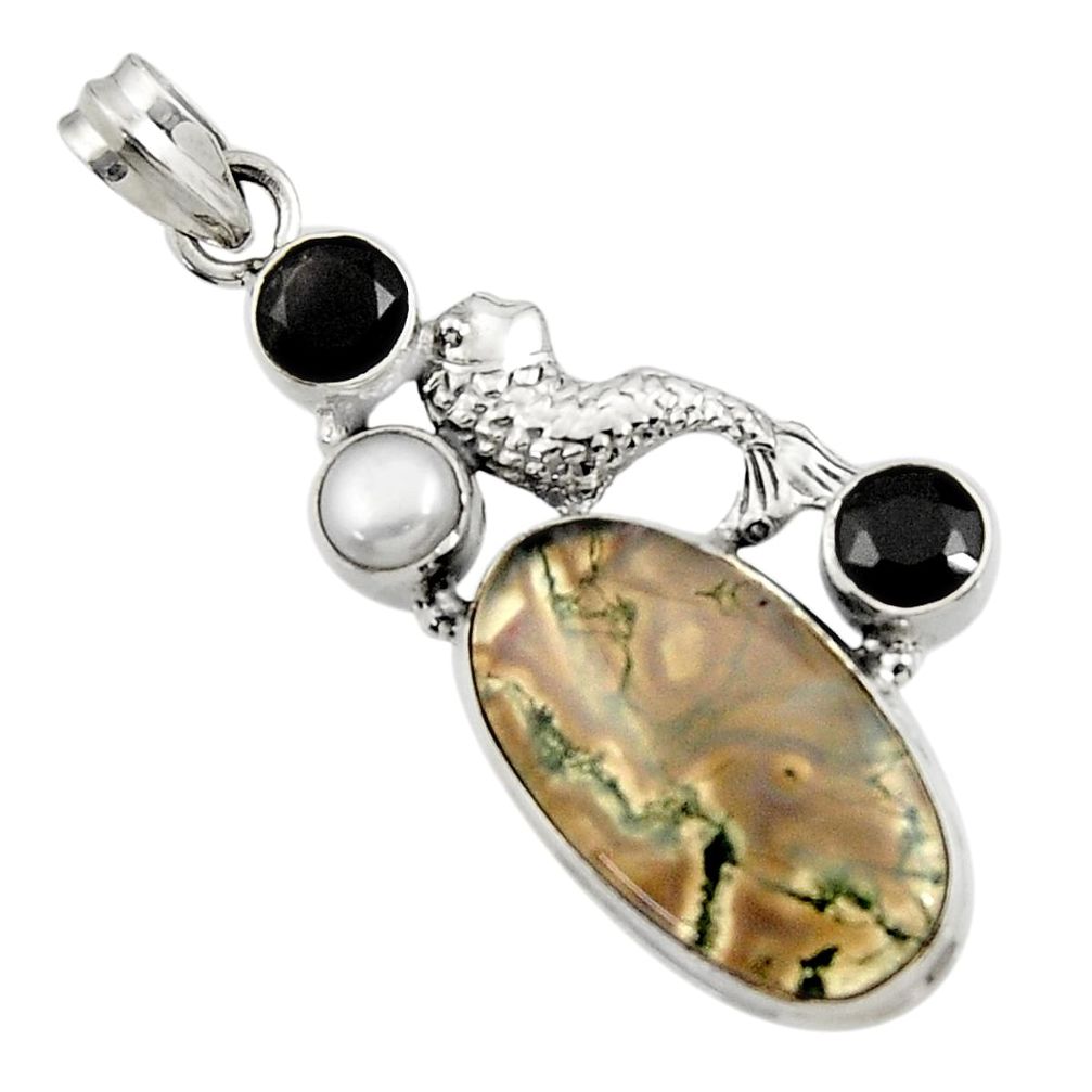  green moss agate onyx pearl 925 silver fish pendant d45121