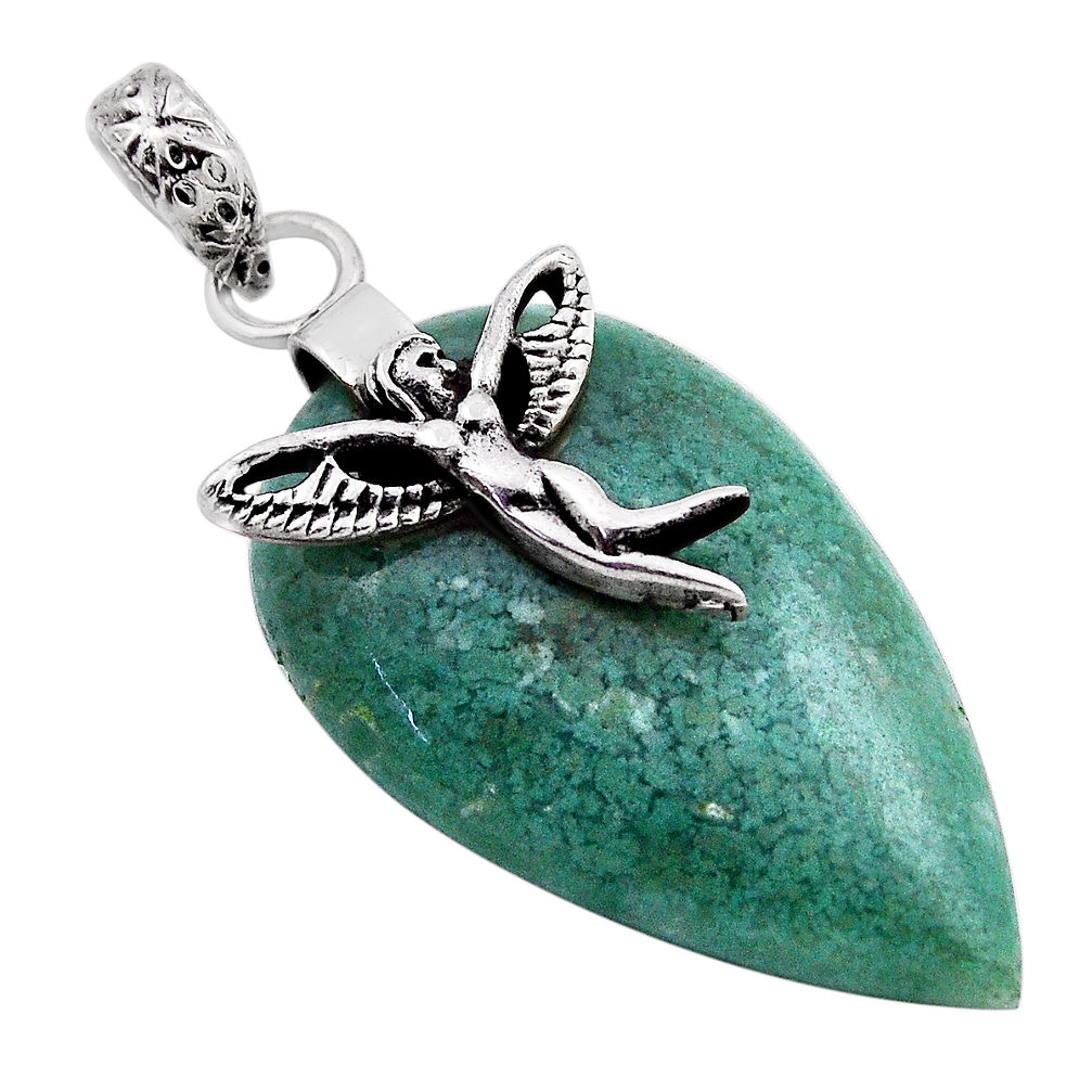 19.98cts natural green moss agate pear silver angel wings fairy pendant n23637