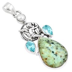 Clearance Sale- Natural green norwegian turquoise topaz 925 silver angel pendant p10803