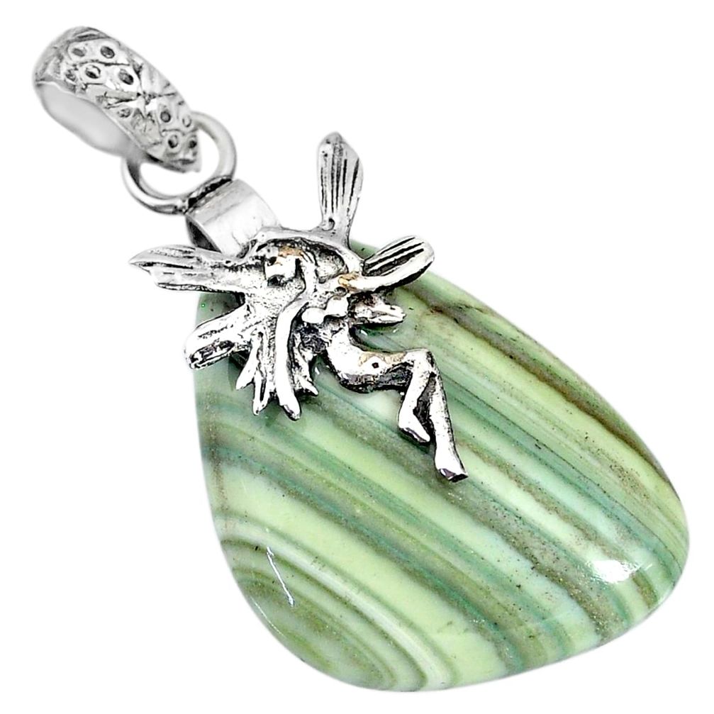 18.97cts natural green opal 925 sterling silver angel wings fairy pendant r91412