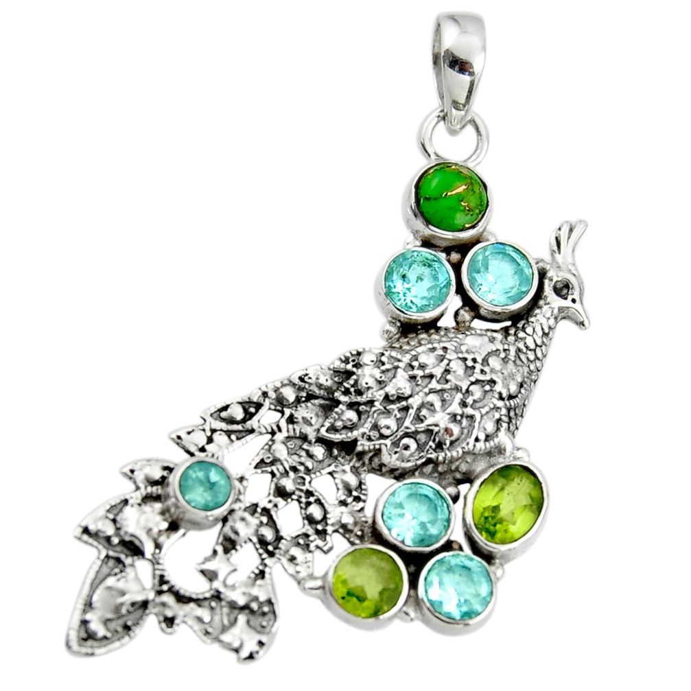 6.90cts natural green peridot copper turquoise 925 silver peacock pendant r44541