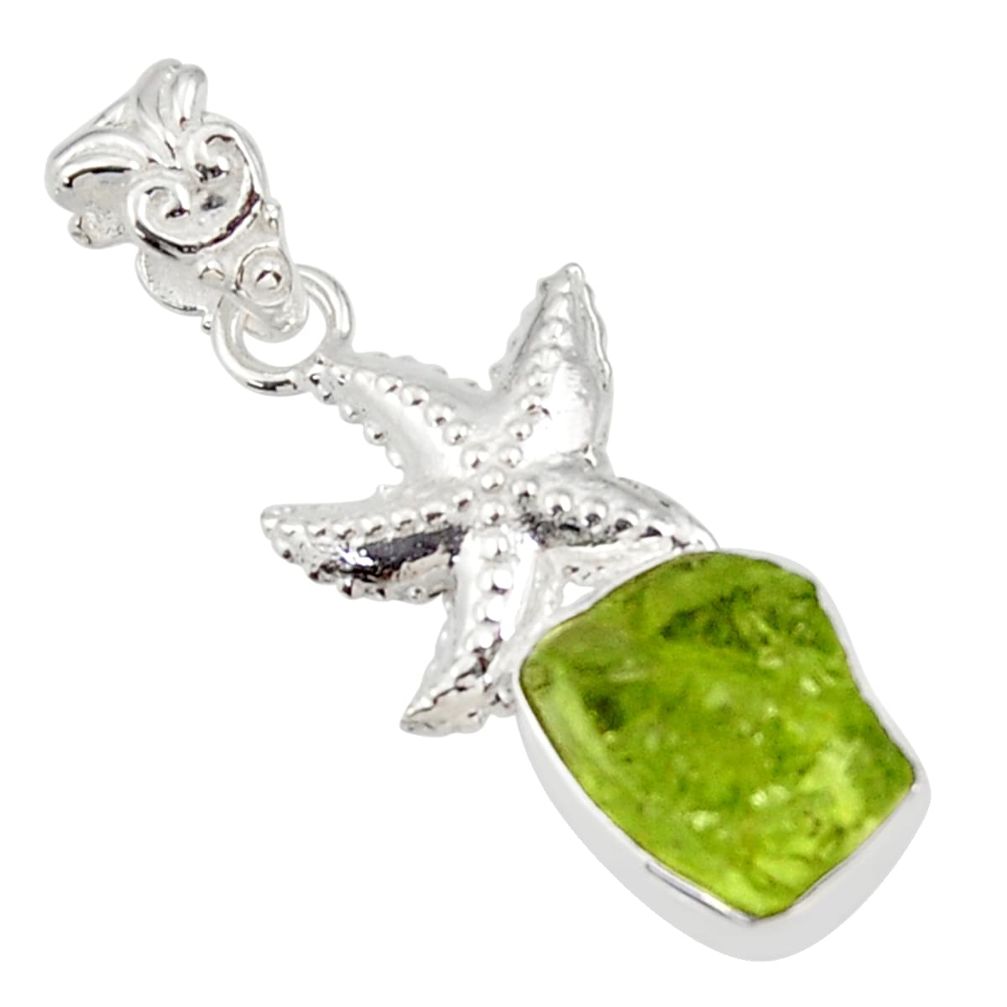 6.83cts natural green peridot rough 925 sterling silver star fish pendant r31341