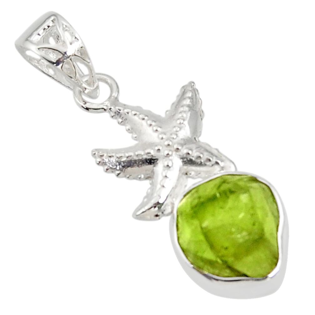 6.31cts natural green peridot rough 925 sterling silver star fish pendant r31343