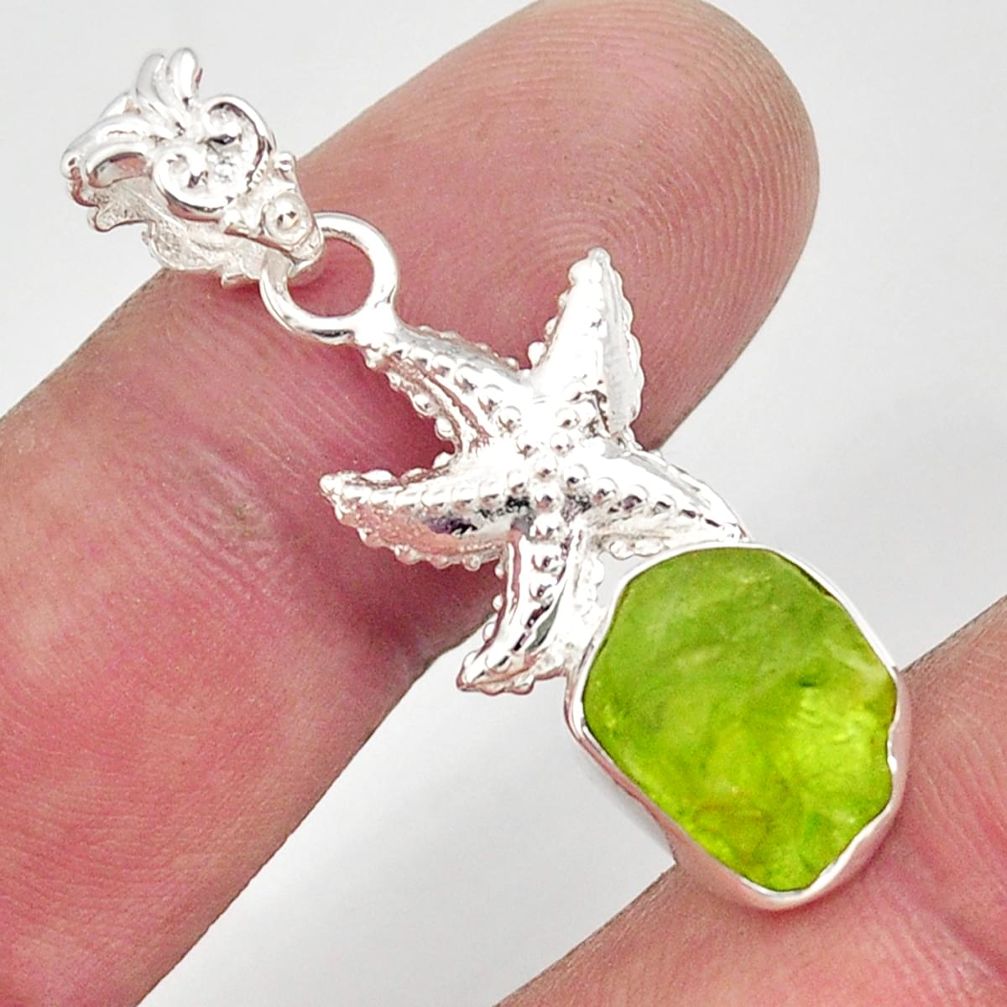 6.83cts natural green peridot rough 925 sterling silver star fish pendant r31363