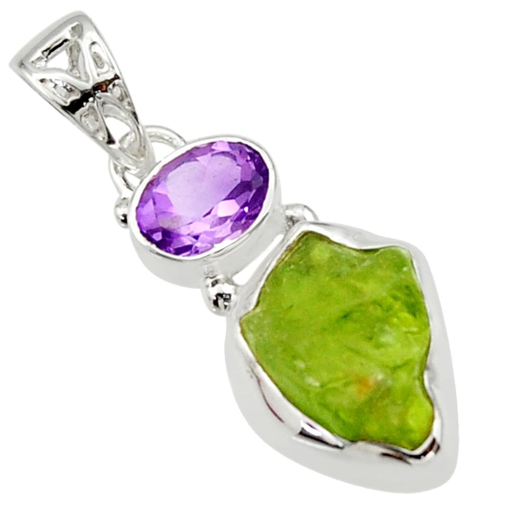 7.65cts natural green peridot rough amethyst 925 sterling silver pendant r29834