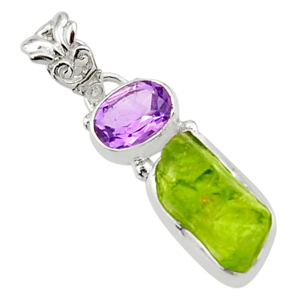 8.33cts natural green peridot rough amethyst 925 sterling silver pendant r29839