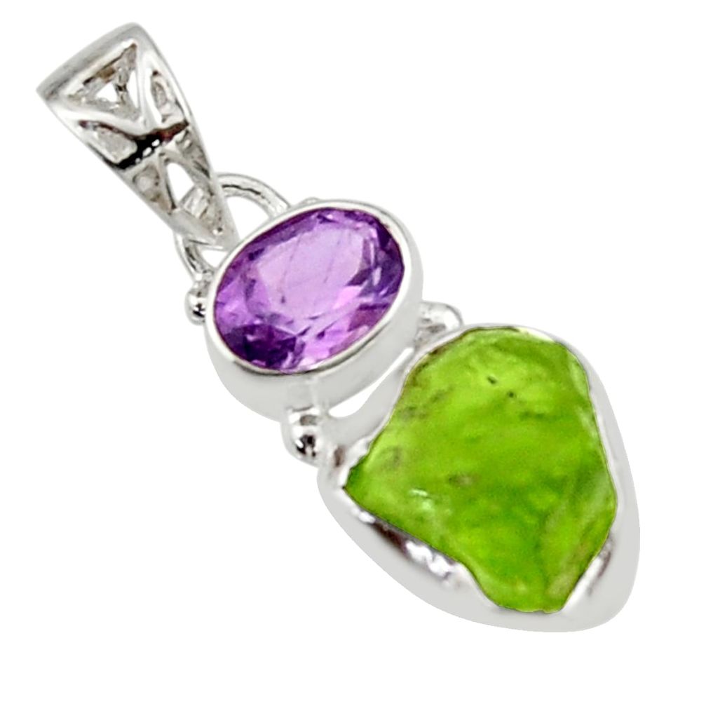 8.44cts natural green peridot rough amethyst 925 sterling silver pendant r29863