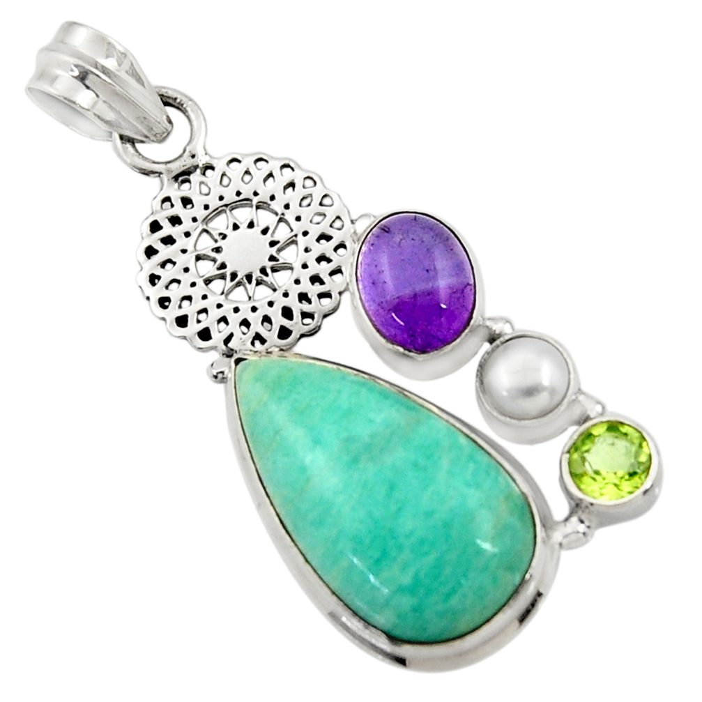 18.66cts natural green peruvian amazonite amethyst 925 silver pendant d43269