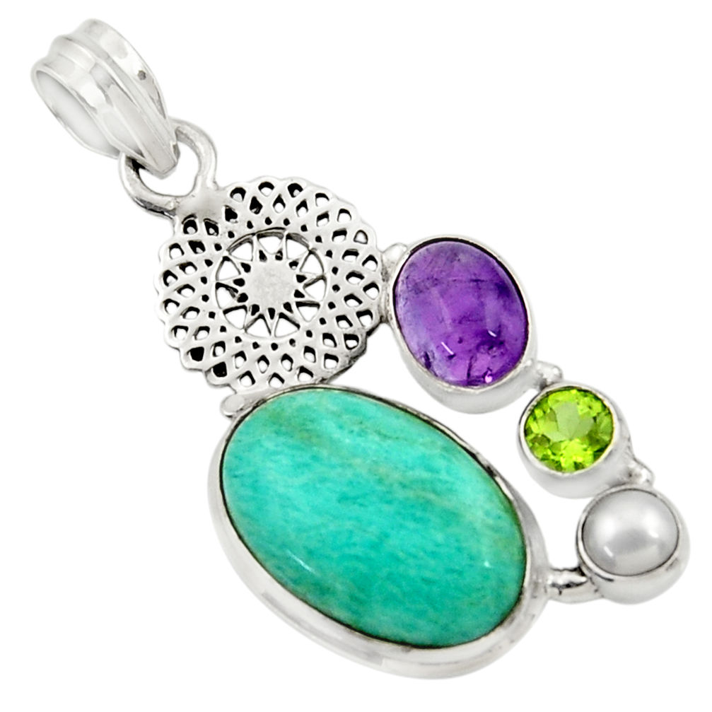 16.43cts natural green peruvian amazonite amethyst pearl silver pendant d43262