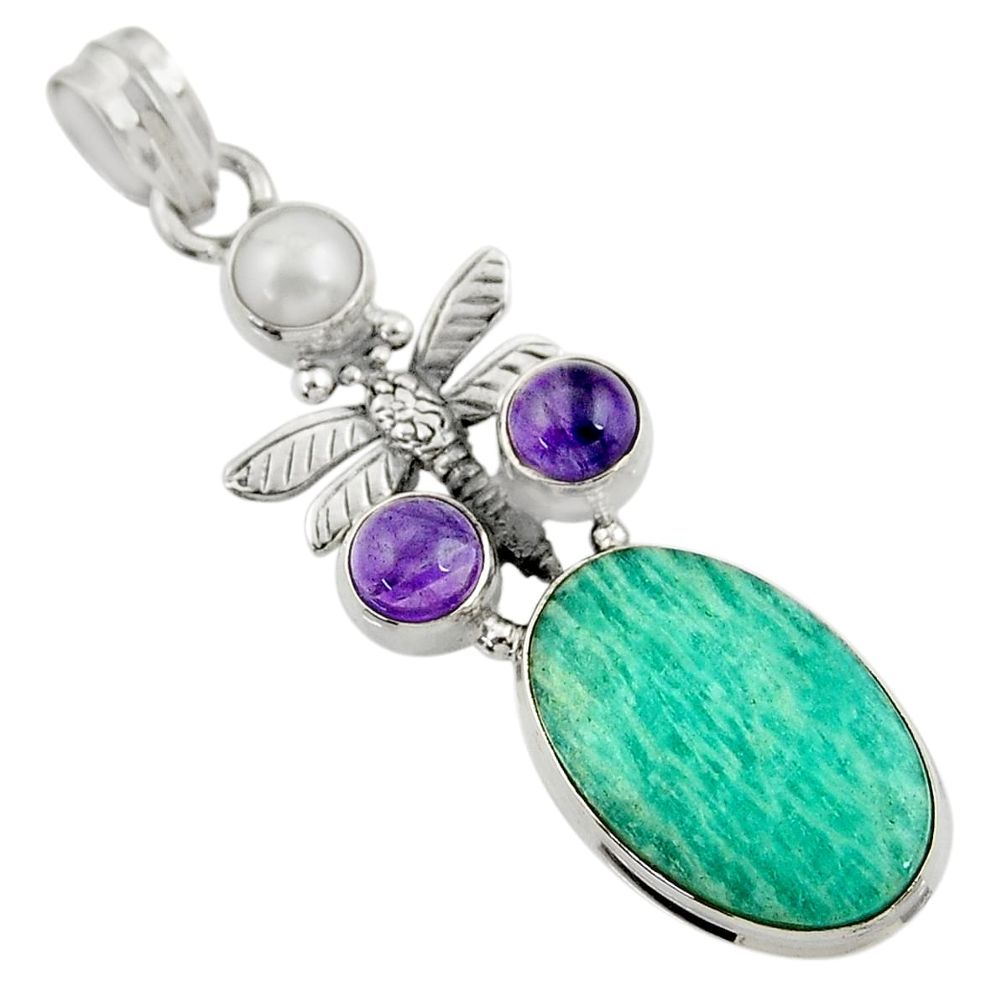 18.15cts natural green peruvian amazonite pearl silver dragonfly pendant d43280
