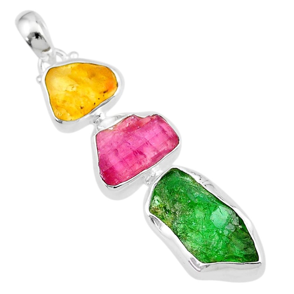 14.45cts natural green pink yellow tourmaline rough 925 silver pendant u26701