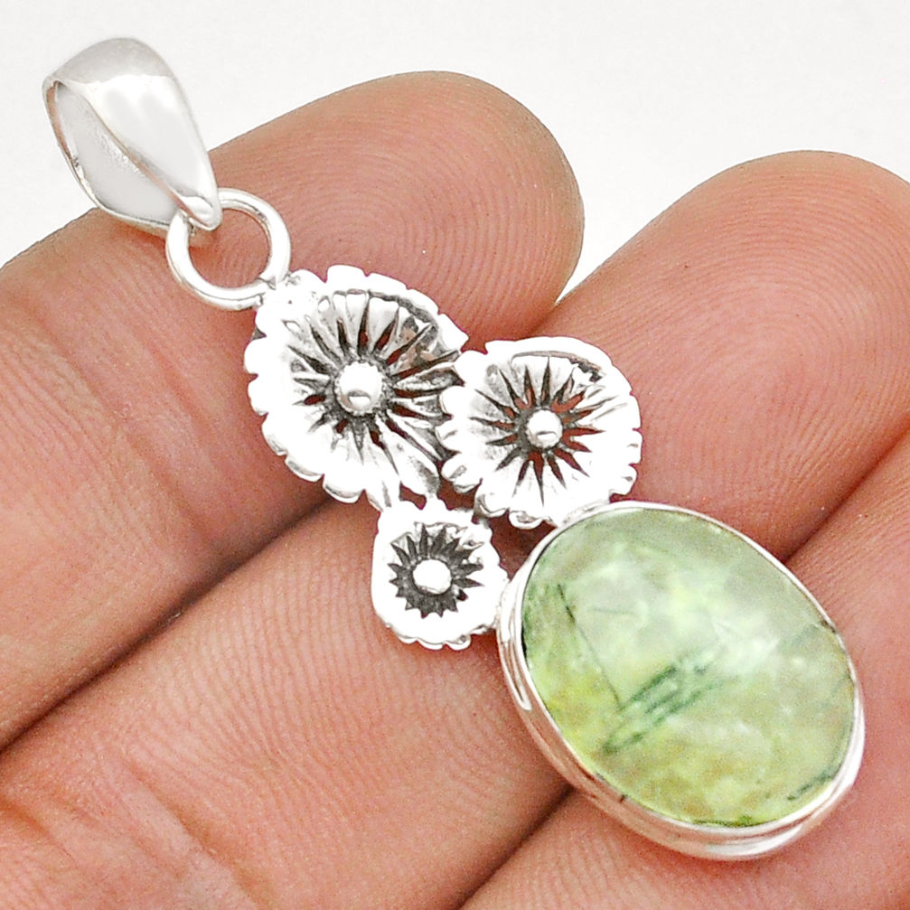 10.22cts natural green prehnite 925 sterling silver flower pendant u86569