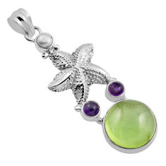 13.82cts natural green prehnite amethyst pearl silver star fish pendant n24970