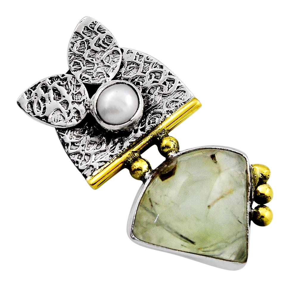 10.53cts natural green prehnite fancy white pearl 925 silver gold pendant n25707
