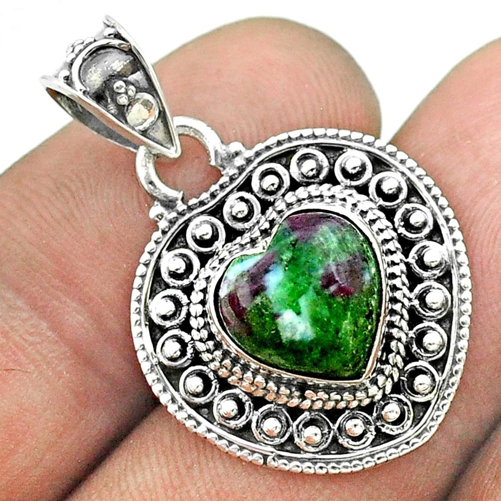 4.66cts natural green ruby zoisite 925 sterling silver heart pendant t56192