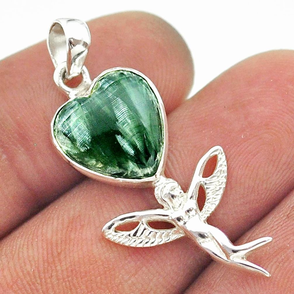 6.64cts natural green seraphinite (russian) 925 silver angel pendant t55226