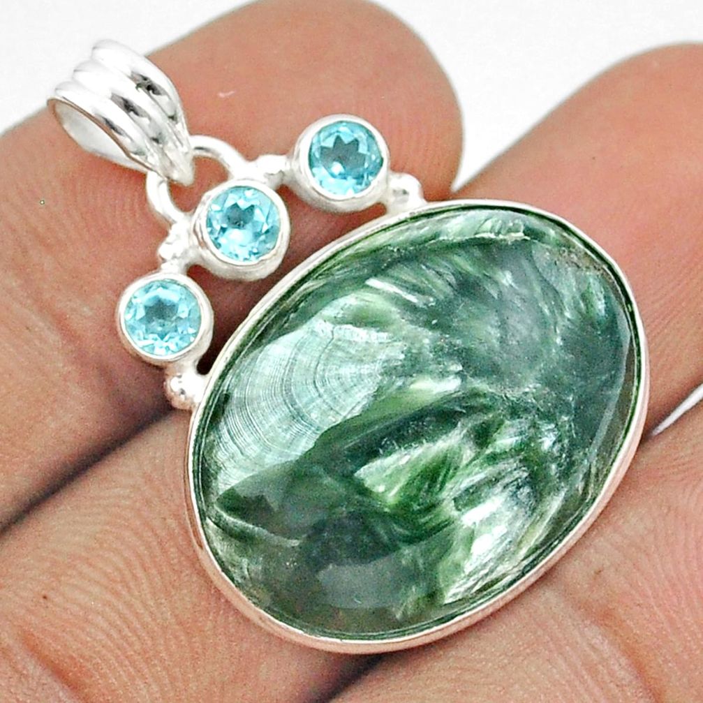 18.70cts natural green seraphinite (russian) topaz 925 silver pendant u22102