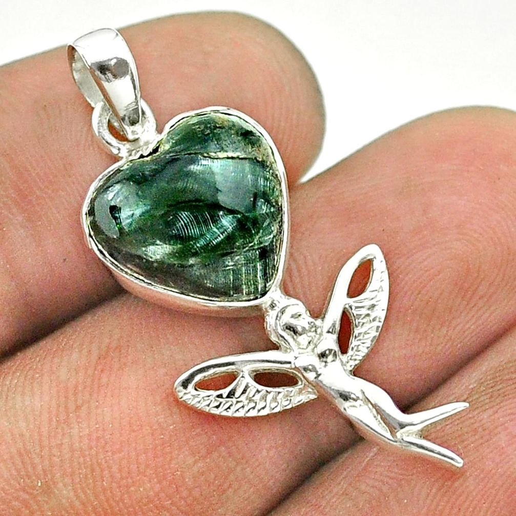 6.52cts natural green seraphinite 925 silver angel wings fairy pendant t55270