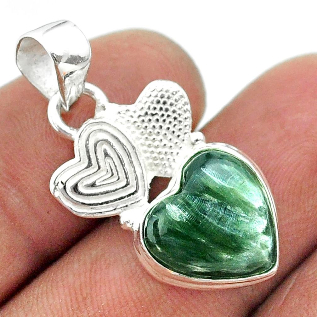 6.39cts natural green seraphinite 925 silver couple hearts pendant t55391