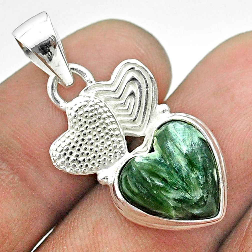 6.27cts natural green seraphinite heart 925 silver couple hearts pendant t55465