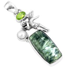 Clearance Sale- 12.83cts natural green seraphinite pearl silver cupid angel wings pendant p5389